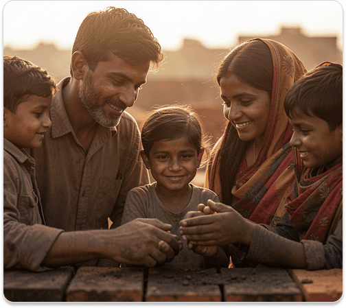 A family at a brick kiln in Pakistan