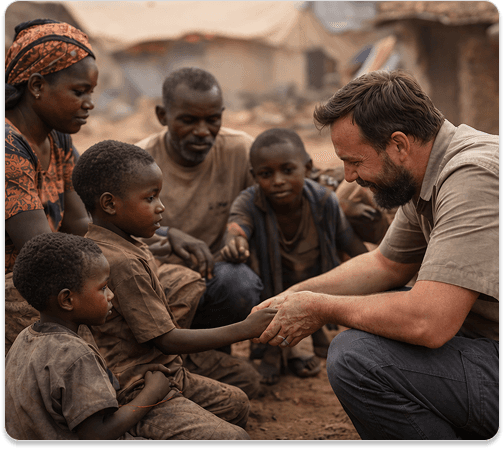 Aid worker with community members in Africa