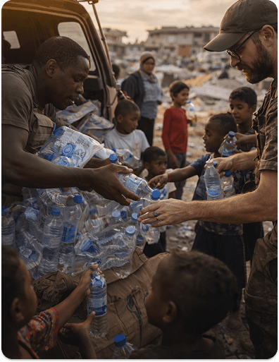 Aid workers distributing supplies in a crisis area