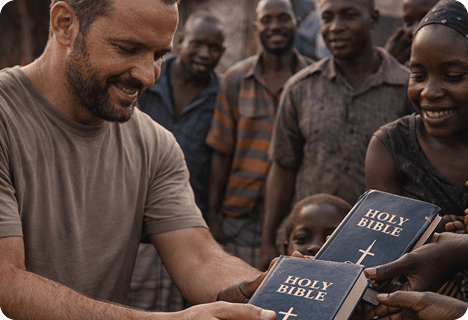 Ministry worker sharing Bibles with community members in Africa