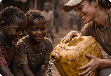 Aid worker helping children with water at the refugee camp