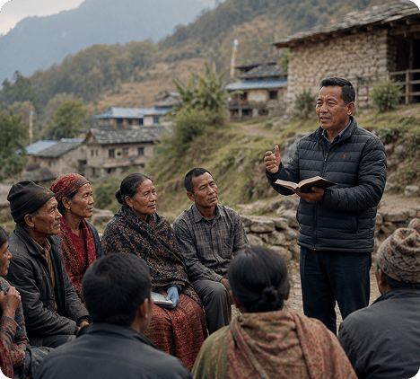 Pastor preaching the Gospel to a gathered community in a Nepalese village