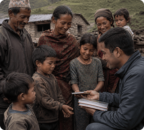 Ministry worker sharing Bibles with a Nepalese family
